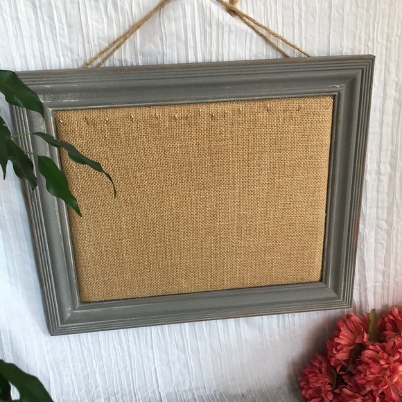 JEWELRY NECKLACE BRACELET display hanger gray wood frame with burlap accents - Picture 1 of 9